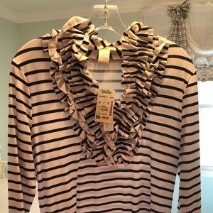 Long sleeved blue and white stripe ruffle shirt